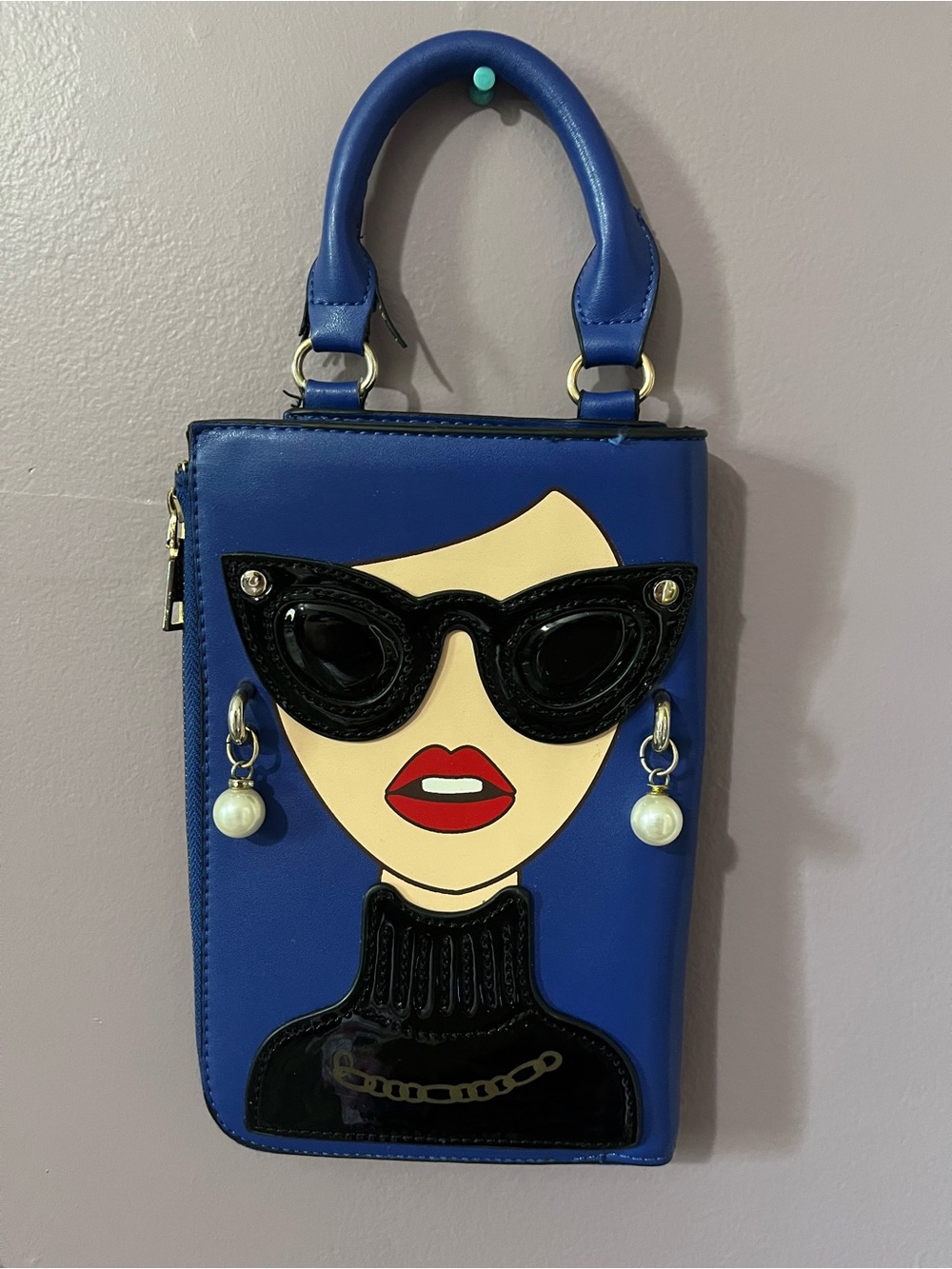 Blue Novelty Face-Applique Mini Top-Handle Bag